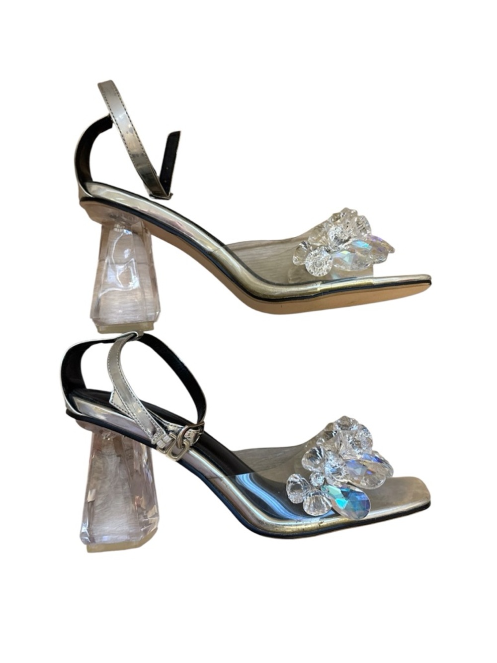Source Unknown Silver Crystal-Embellished Clear Block Heel Sandals
